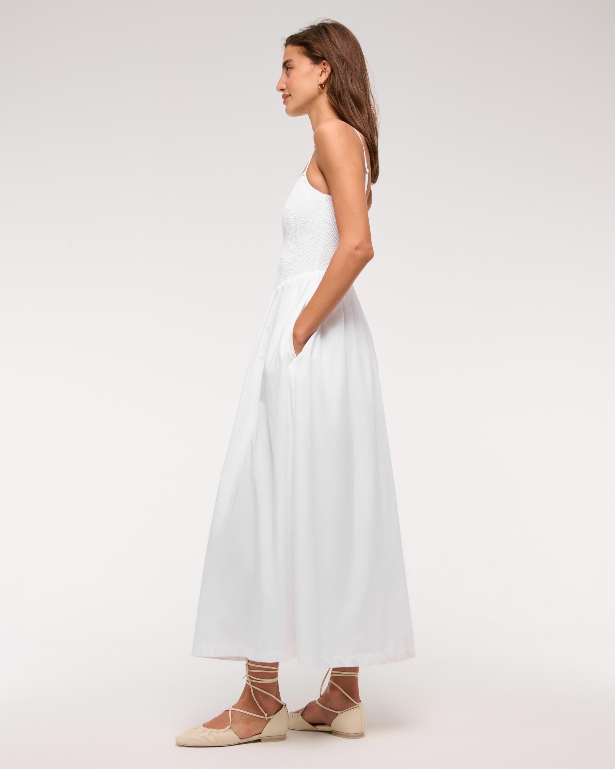 Dipped-Waist Smocked Midi Dress Product Image