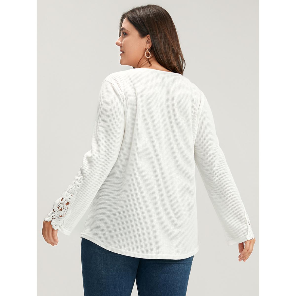 Plus Size Solid Button Up Waffle Knit Long Tee White Women Elegant Plain Plain Round Neck Dailywear T-shirts BloomChic 12/L Product Image