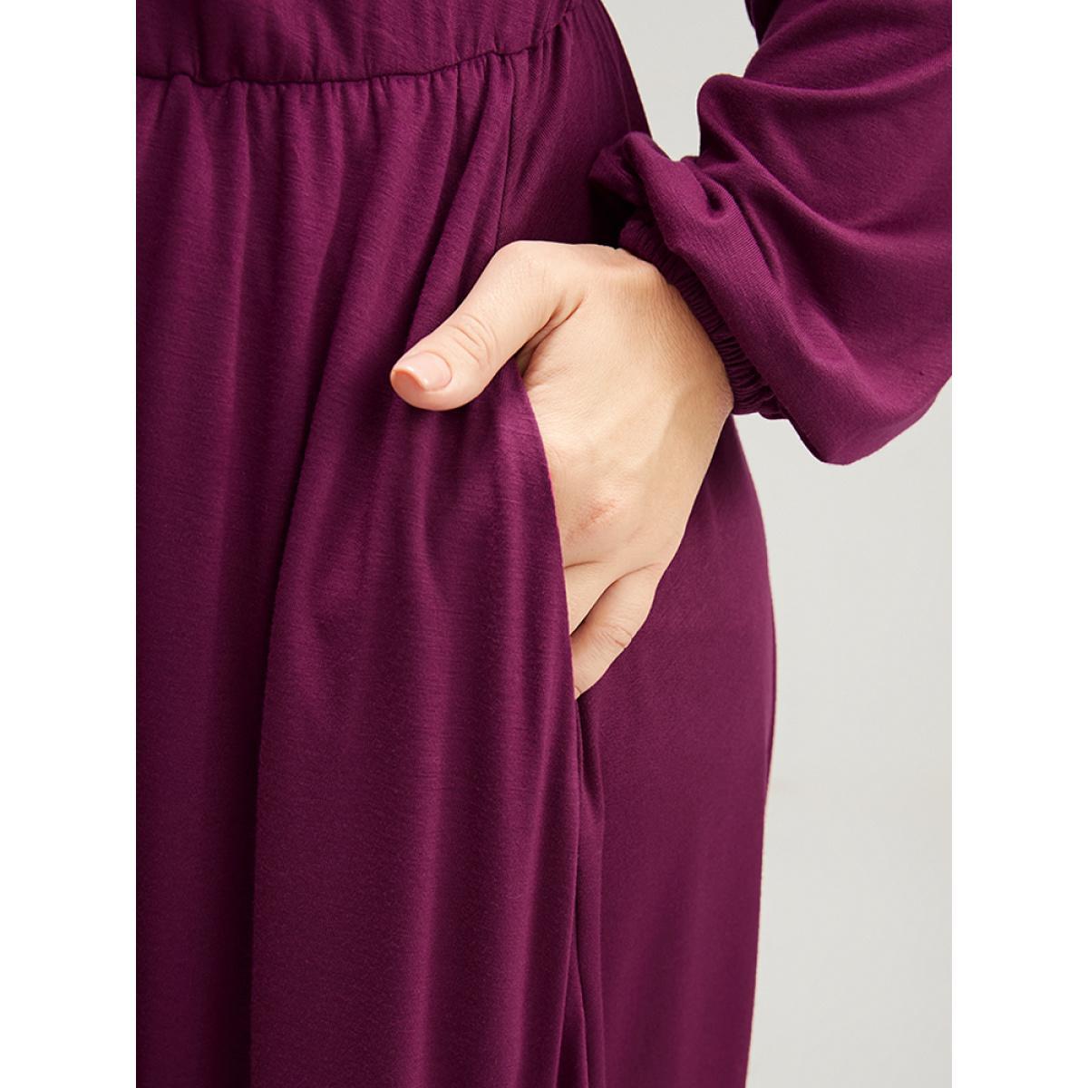 Plus Size Solid Frill Trim Shirred Lantern Sleeve Pocket Flutter Maxi Dress Purple Women Elegant Pocket Round Neck Long Sleeve Curvy Long Dress BloomChic 10/M Product Image