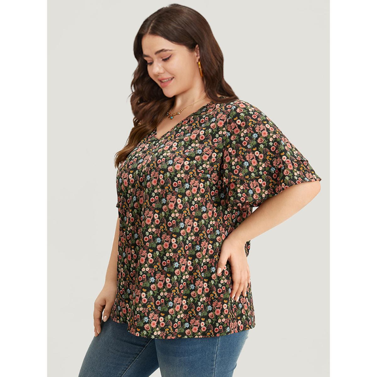 Plus Size BlackFlower Floral Print Layered Ruffle Sleeve Blouse Women Elegant Short sleeve V-neck Dailywear Blouses BloomChic 18-20/2X Product Image