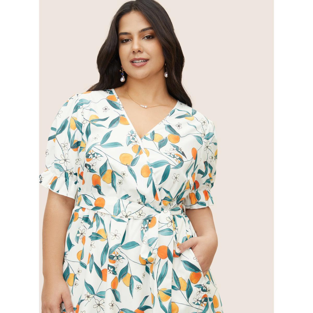 Plus Size Citrus Orange Print Overlap Collar Frill Trim Split Hem Dress Multicolor Women Elegant Overlapping Overlap Collar Half Sleeve Curvy Midi Dress BloomChic 18-20/2X Product Image