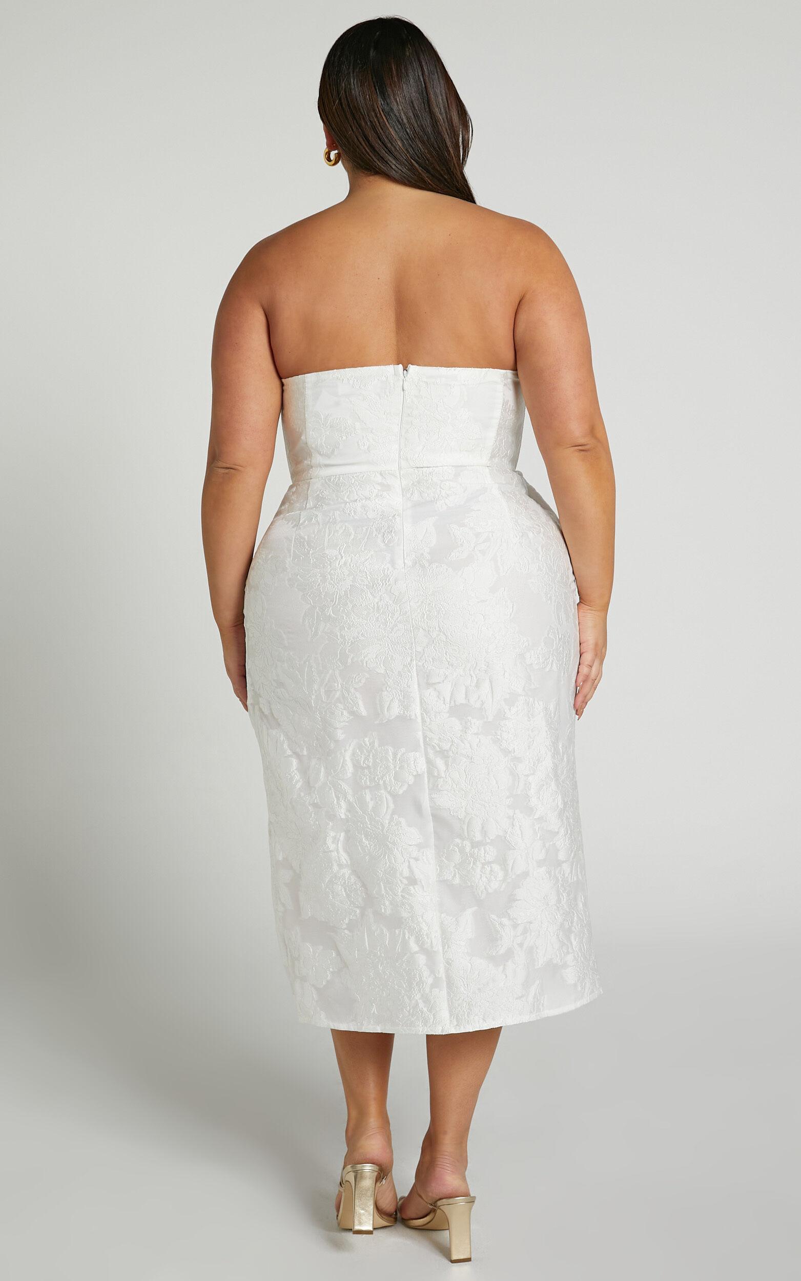 Brailey Midi Dress - Thigh Split Strapless Dress in White Jacquard Product Image