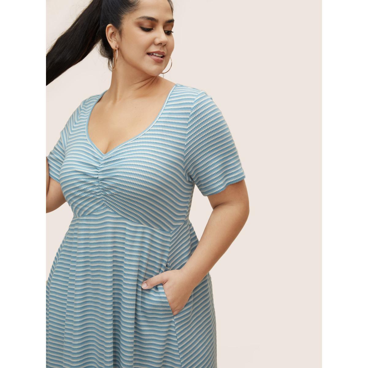 Plus Size Stripes Waffle Knit Ruched Pocket Dress LightBlue Women Casual Gathered Heart neckline Short sleeve Curvy BloomChic 18-20/2X Product Image