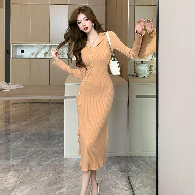 Long-Sleeve Lapel Collar Plain Button-Up Slit Midi Sheath Knit Dress Product Image