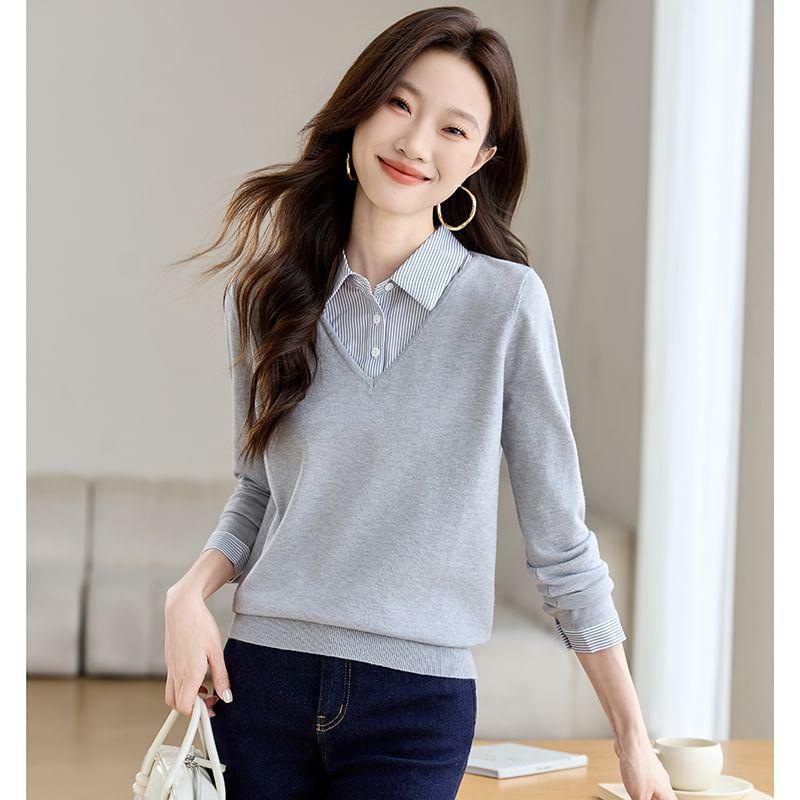 Long-Sleeve Collared Mock Two-Piece Striped Panel Knit Top Product Image