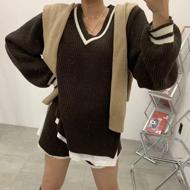 Set: Long-Sleeve V-Neck Contrast Trim Sweater + High Waist Shorts Product Image