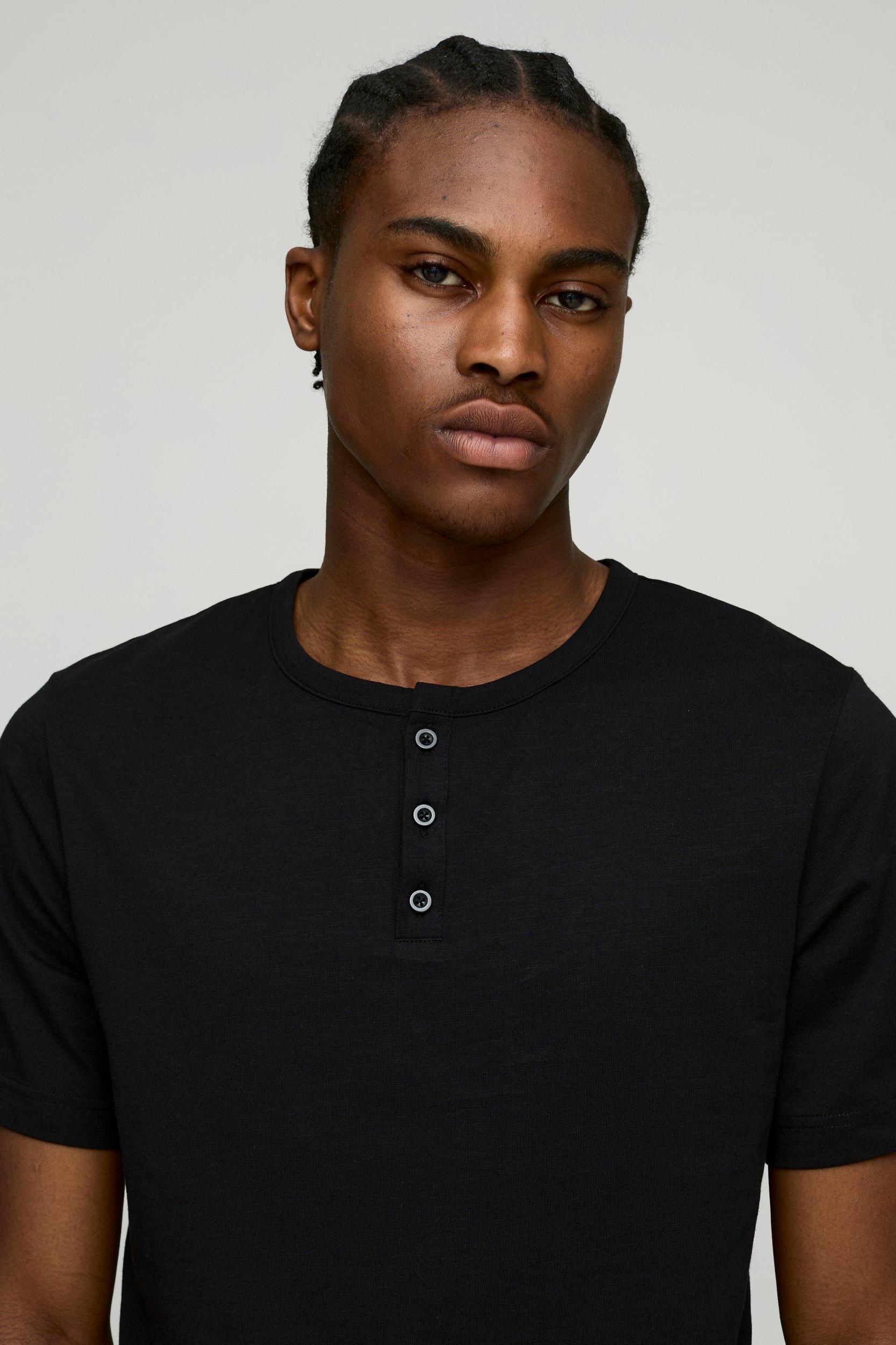 Regular Fit Button Neck Slub T-Shirt | boohooMAN USA Product Image