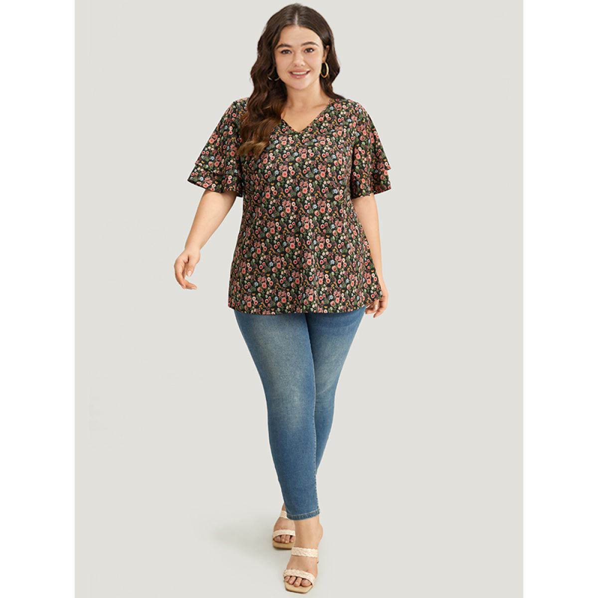Plus Size BlackFlower Floral Print Layered Ruffle Sleeve Blouse Women Elegant Short sleeve V-neck Dailywear Blouses BloomChic 18-20/2X Product Image