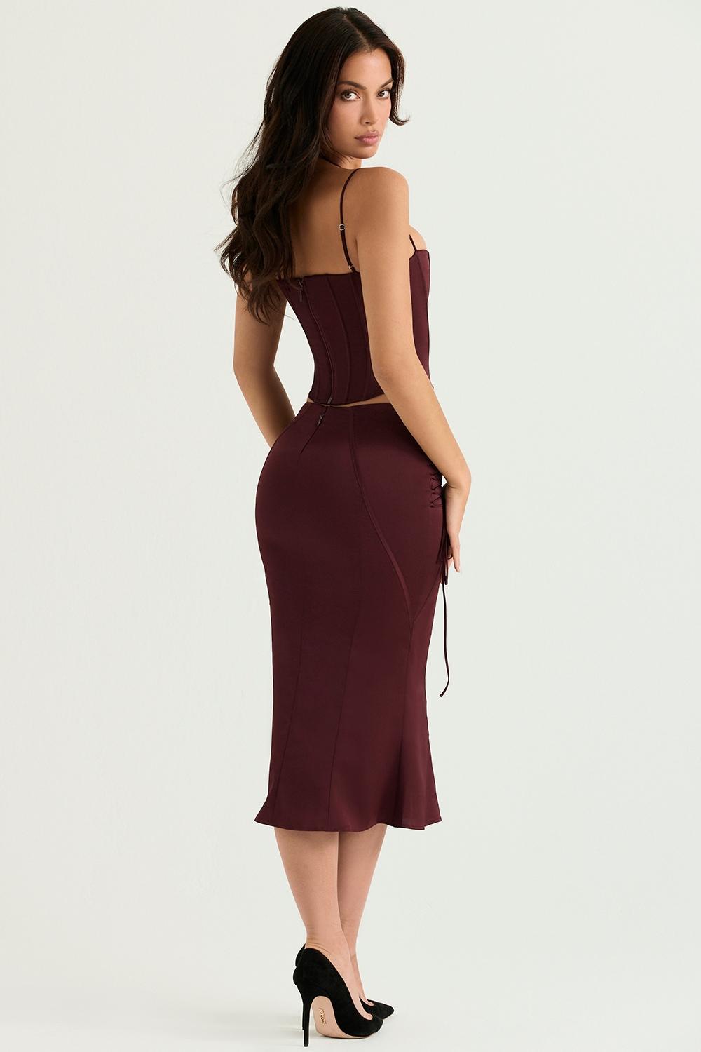 Sidonie Wine Satin Lace Up Midi Skirt Product Image