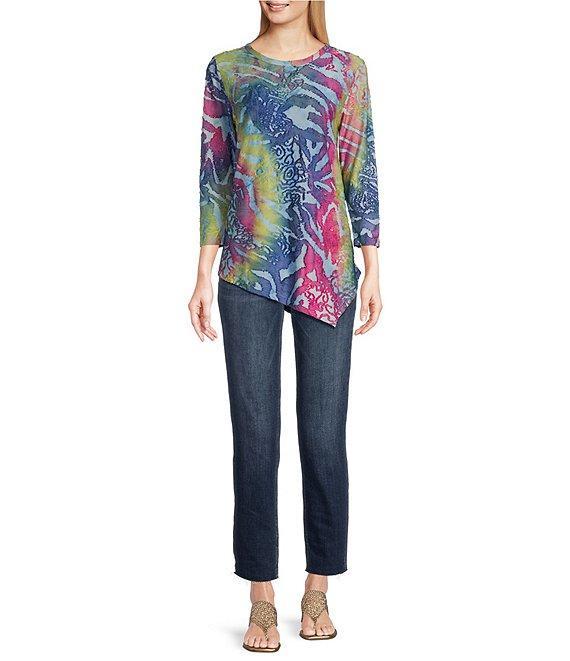 Calessa Burnout Tie Dye Crew Neck 3/4 Sleeve Tunic Product Image