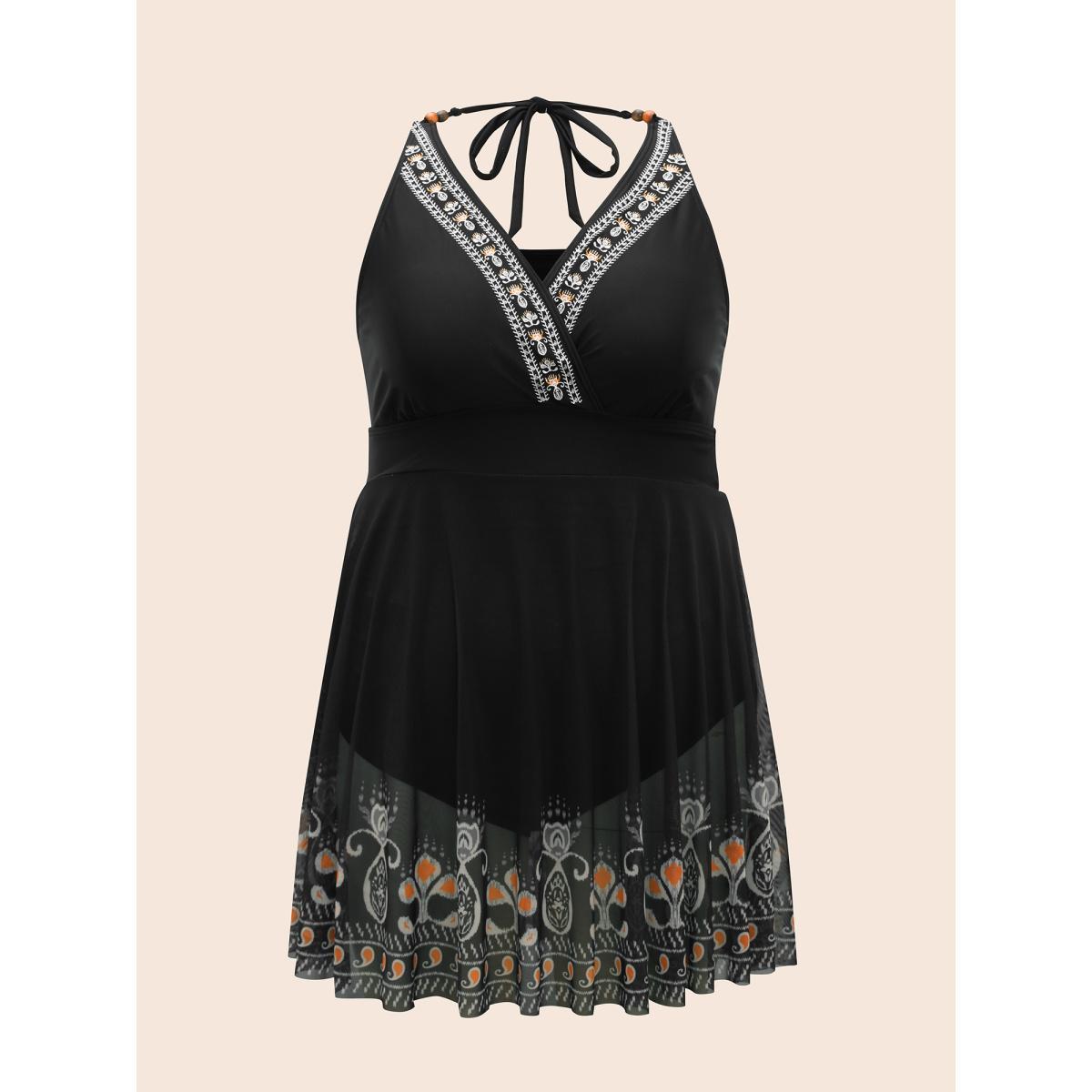 Plus Size Embroidered Boho Print Surplice Neck Swim Dress Women's Swimwear Black Beach Bodycon Overlap Collar High stretch Curve Swim Dresses BloomChic 30/6X Product Image