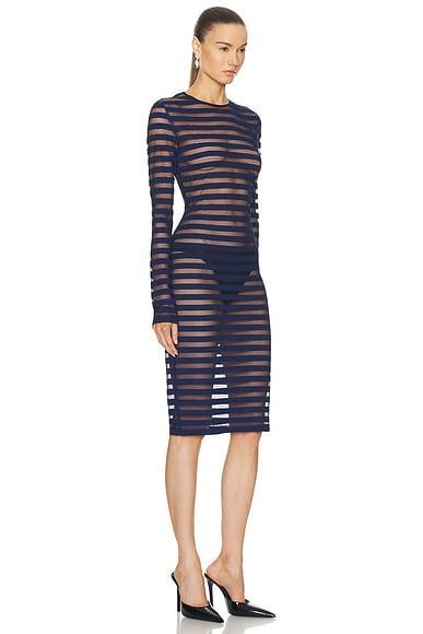 NORMA KAMALI Semi-sheer Striped Long-sleeve Dress In True Navy Product Image