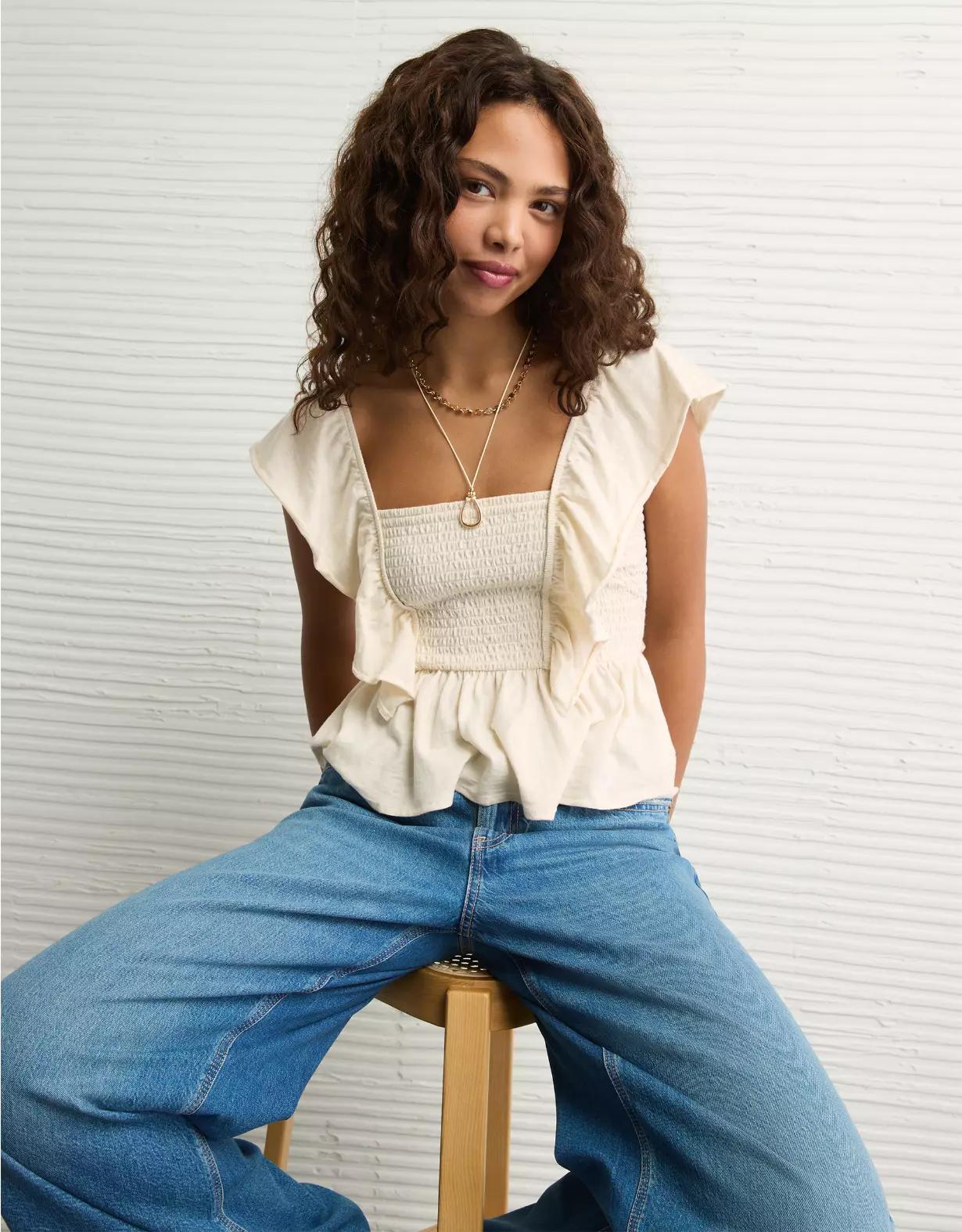 AE Sunchaser Knit Flutter Sleeve Babydoll Shirt Product Image