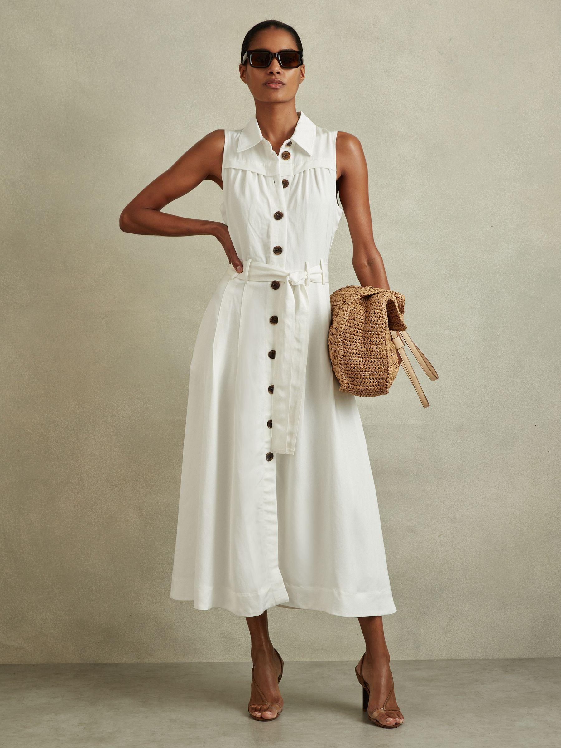 Viscose-Linen Belted Midi Dress in White Product Image