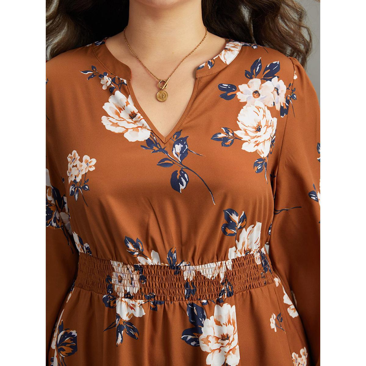 Plus Size Floral Print Notched Shirred Elastic Cuffs Dress Chocolate Women Elegant Elastic cuffs Notched collar Long Sleeve Curvy Midi Dress BloomChic 22-24/3X Product Image