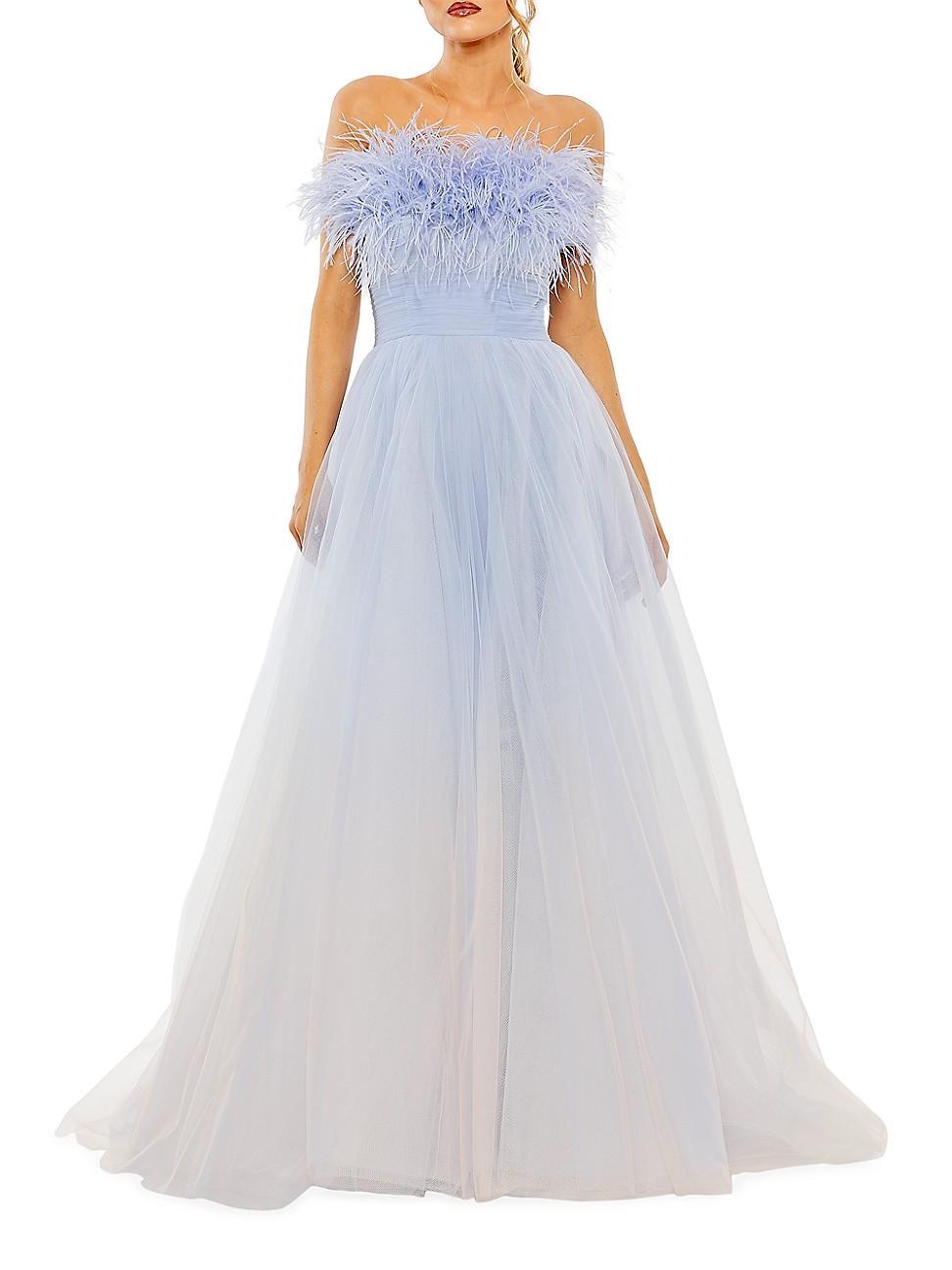 Womens Strapless Feather & Tulle Gown Product Image