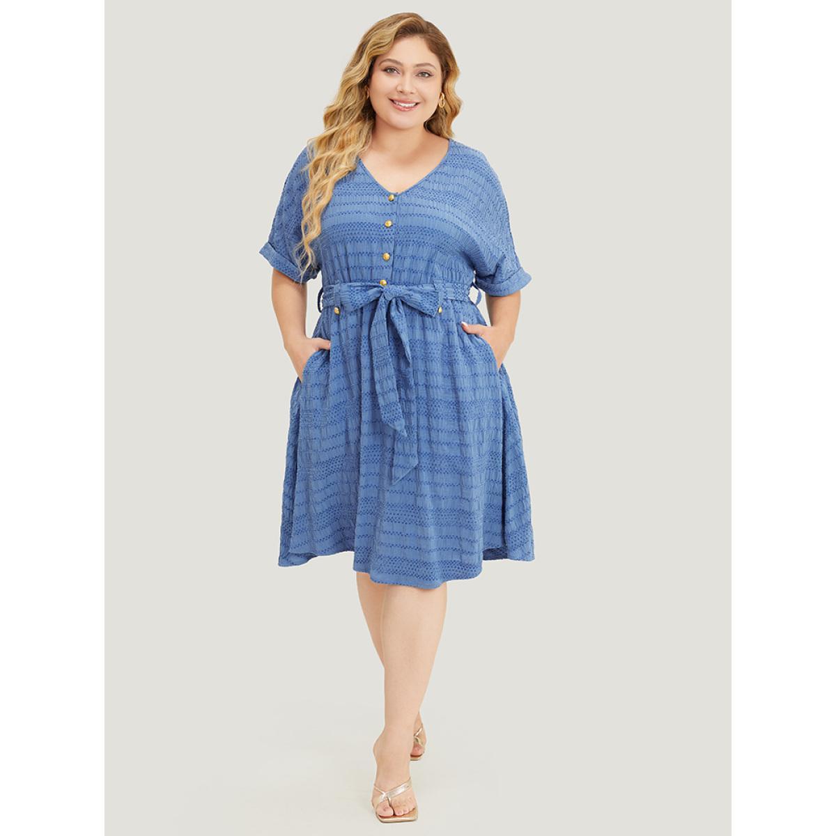 Plus Size Solid Textured Pocket Roll Batwing Sleeve Button Up Knee Dress Stone Women Office Cross straps V-neck Short sleeve Curvy Knee Dress BloomChic 28/5X Product Image