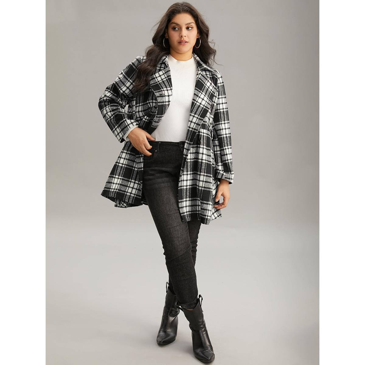 Plus Size Plaid Belted Pocket Double Breasted Coat Women Black Casual Lined Ladies Dailywear Winter Coats BloomChic 26/4X Product Image