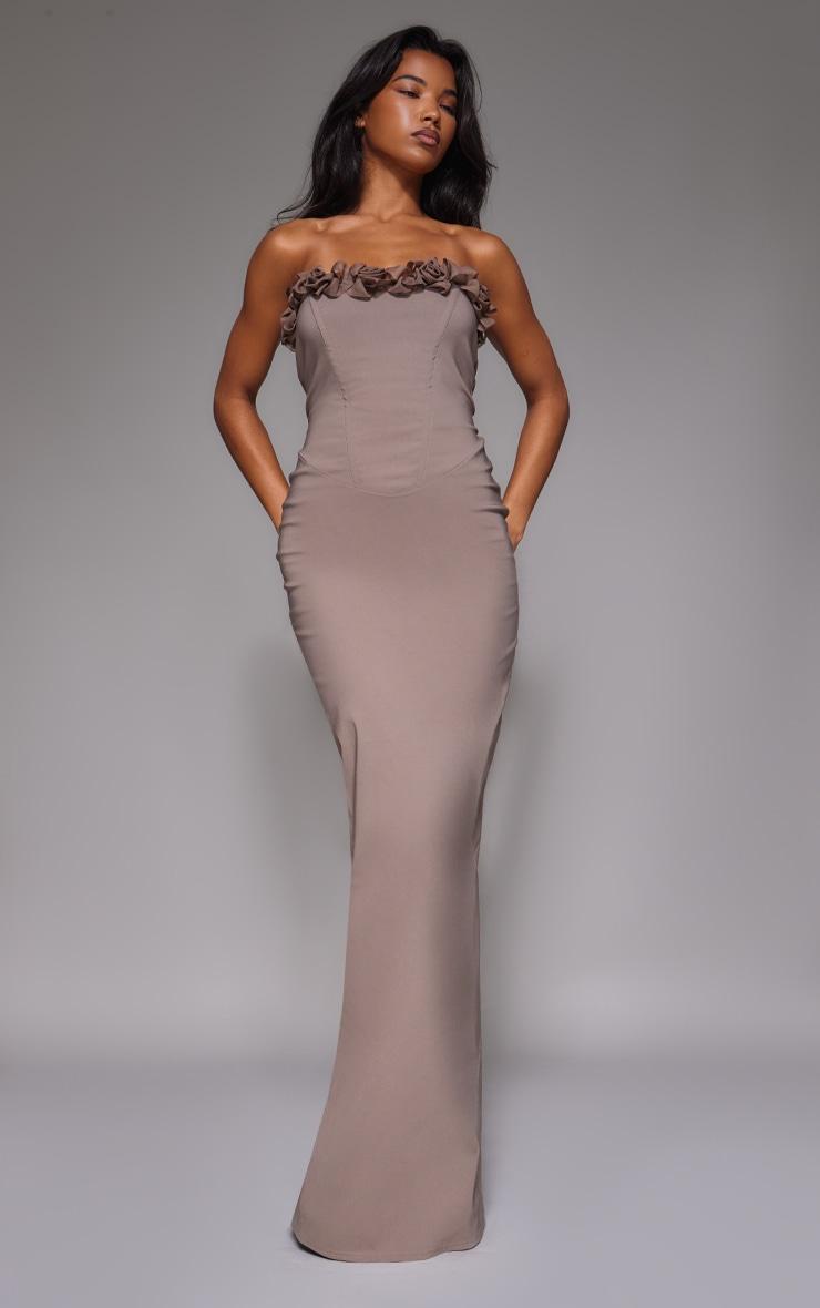 Mocha Stretch Woven Rosette Bandeau Maxi Dress Product Image