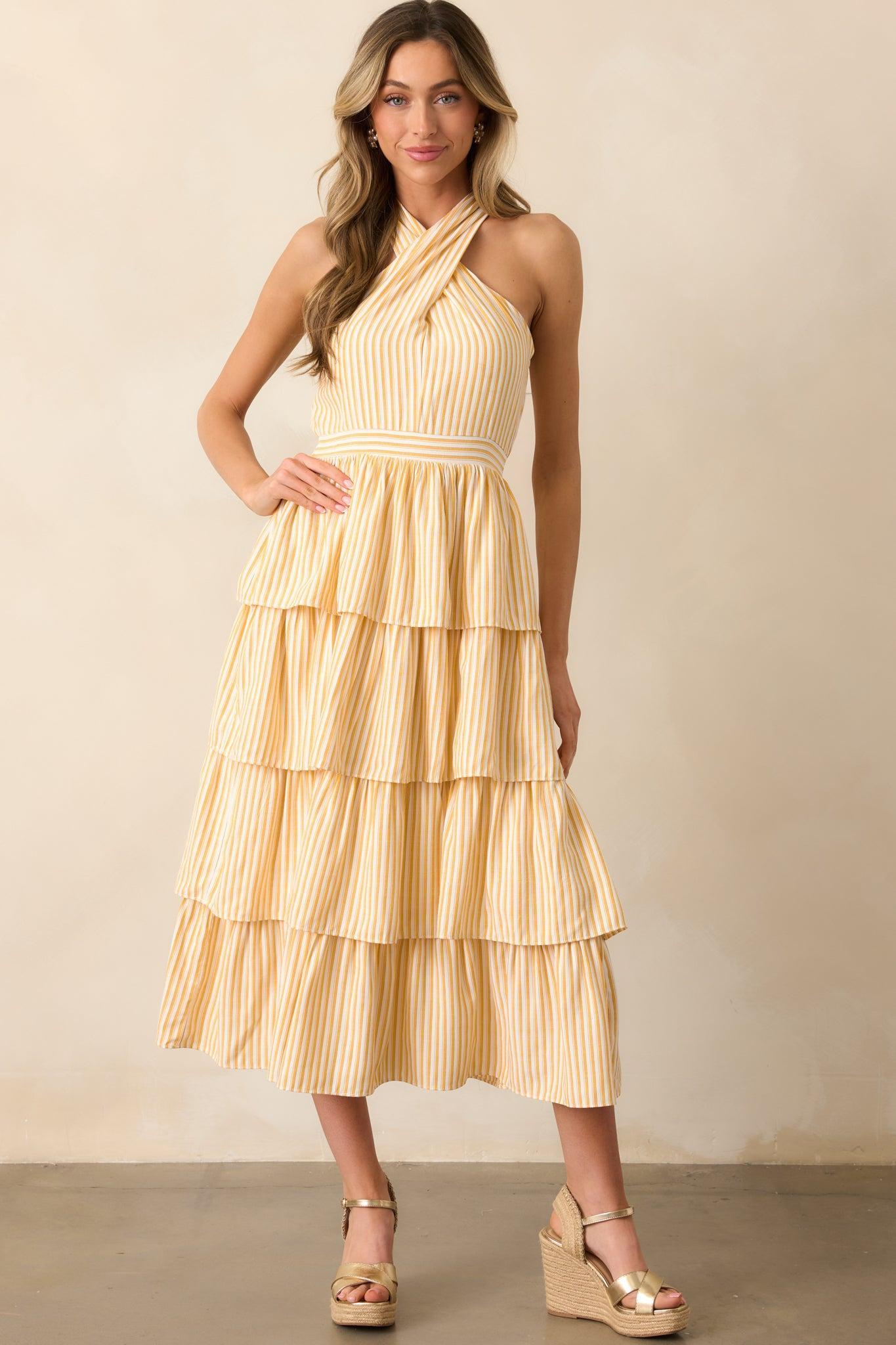 Where I Want To Be Yellow Stripe Tiered Halter Maxi Dress Product Image