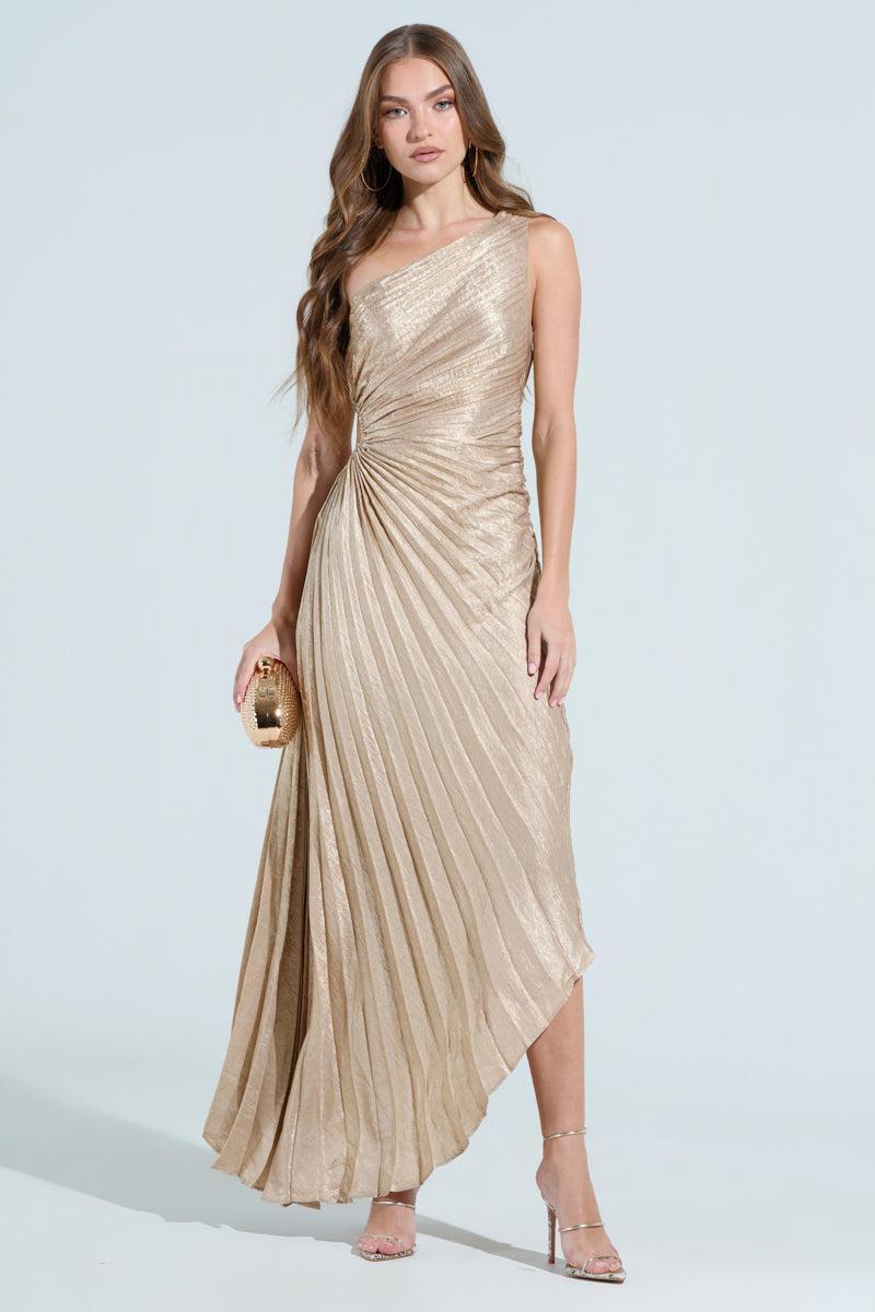 JULIETTE METALLIC PLEATED MIDI DRESS Product Image