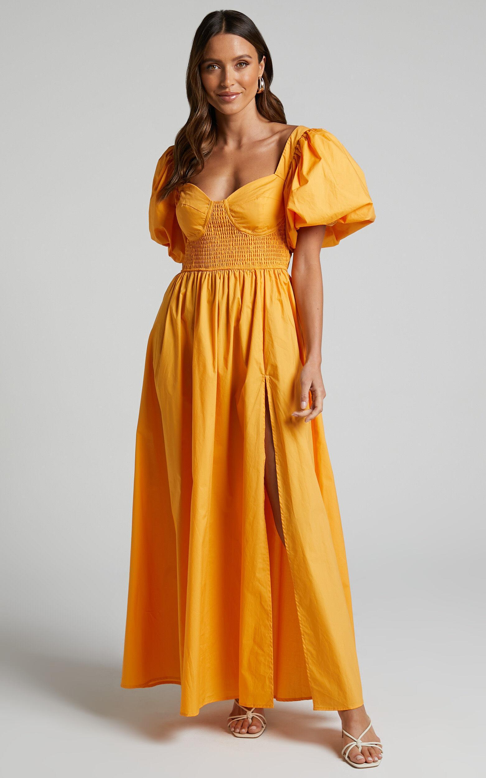 Raiza Midi Dress - Shirred Waist Puff Sleeve Dress in MARIGOLD Product Image