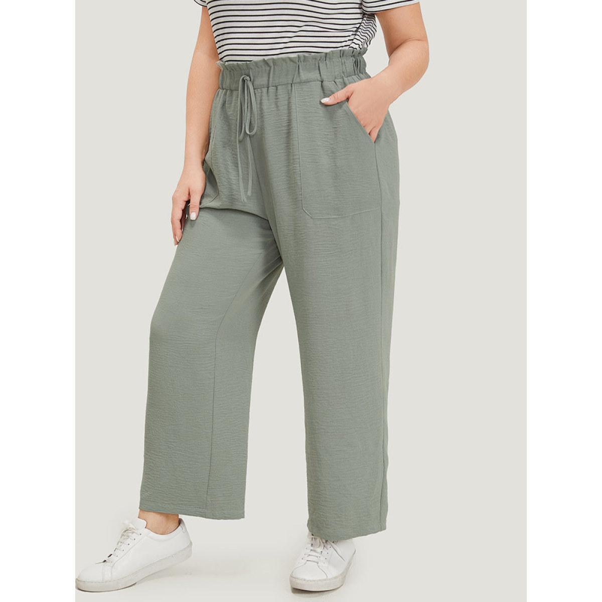 Plus Size Solid Pocket Ties Paperbag Waist Pants Women SlateGray Casual Straight Leg High Rise Dailywear Pants BloomChic 10/M Product Image