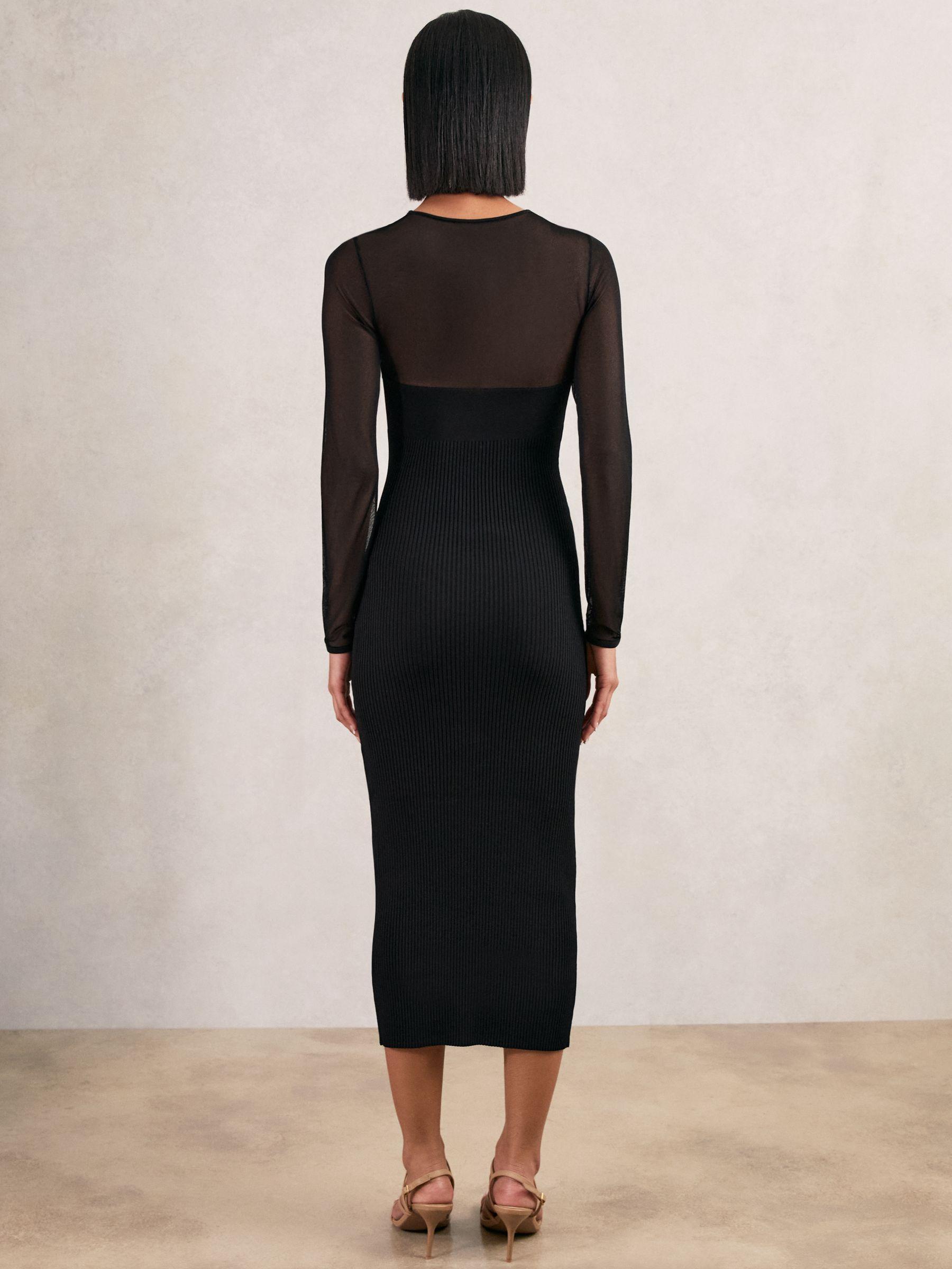 Mesh Rib-Knit Sweetheart Midi Dress in Black Product Image
