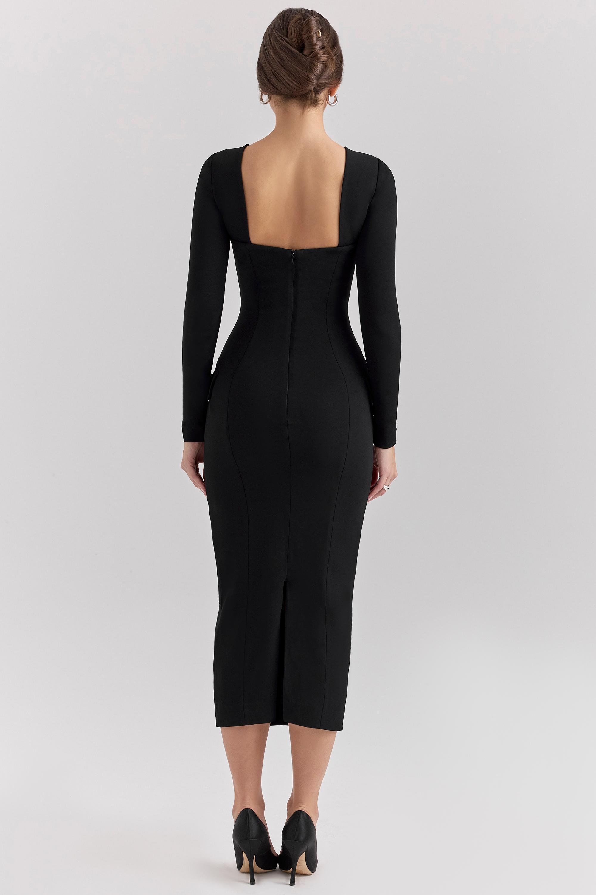 Ella Black Stretch Crepe Long Sleeve Midi Dress Product Image