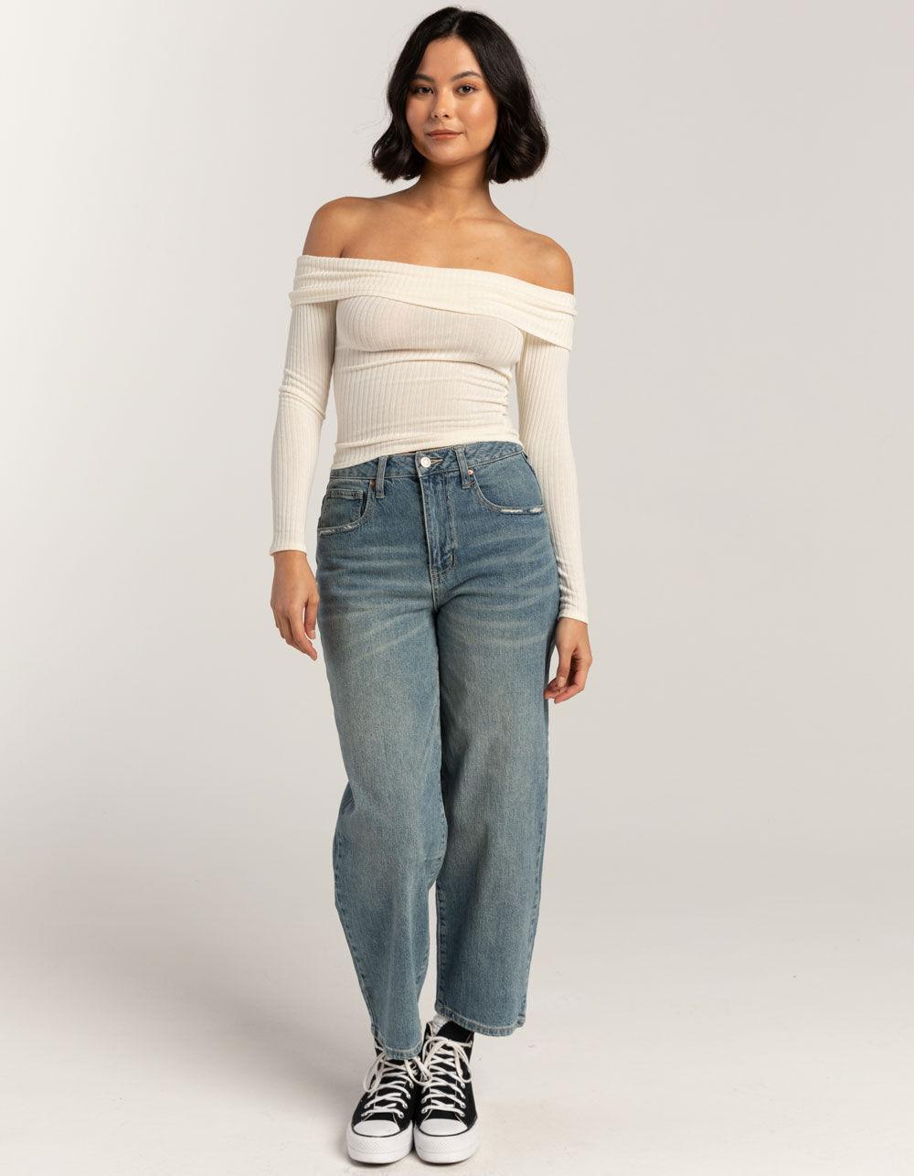 FULL TILT Fold Over Rib Off The Shoulder Womens Top - HEATHER GRAY Product Image