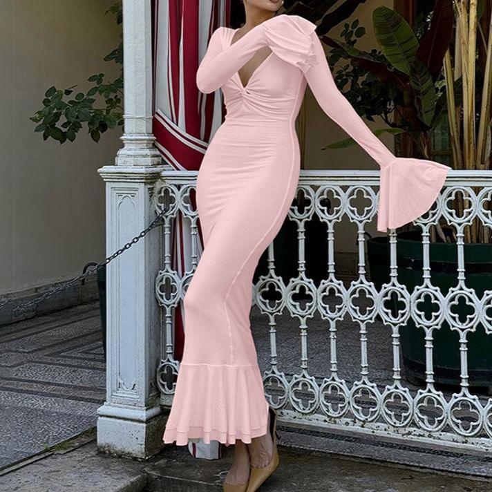 Flared-Cuff Sweetheart-Neckline Plain Knotted Midi Mermaid Dress Product Image