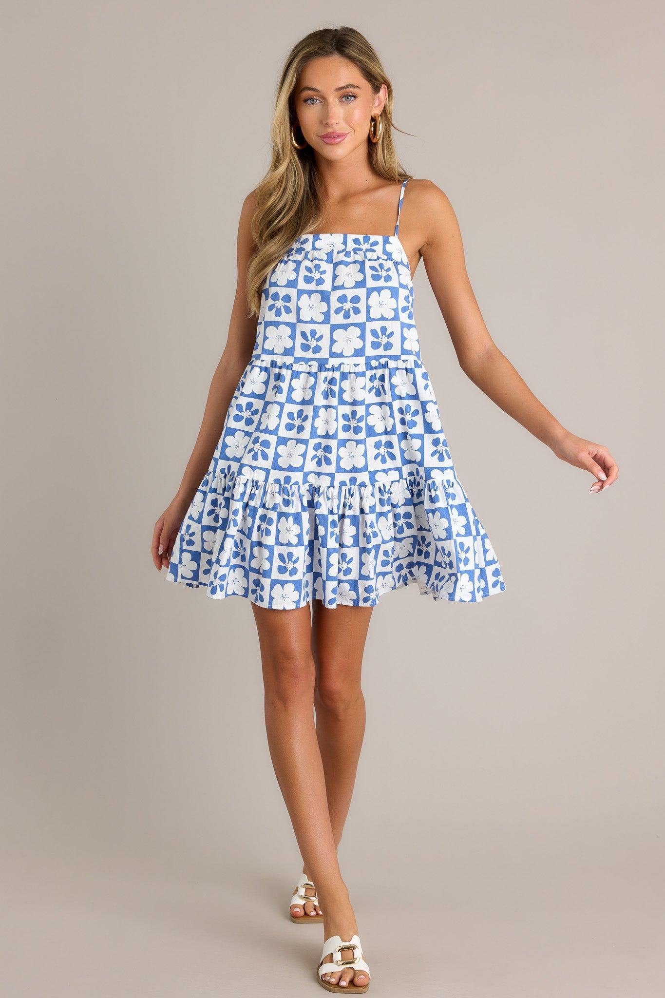 MINKPINK Vivi Blue Floral Tiered Mini Dress Product Image