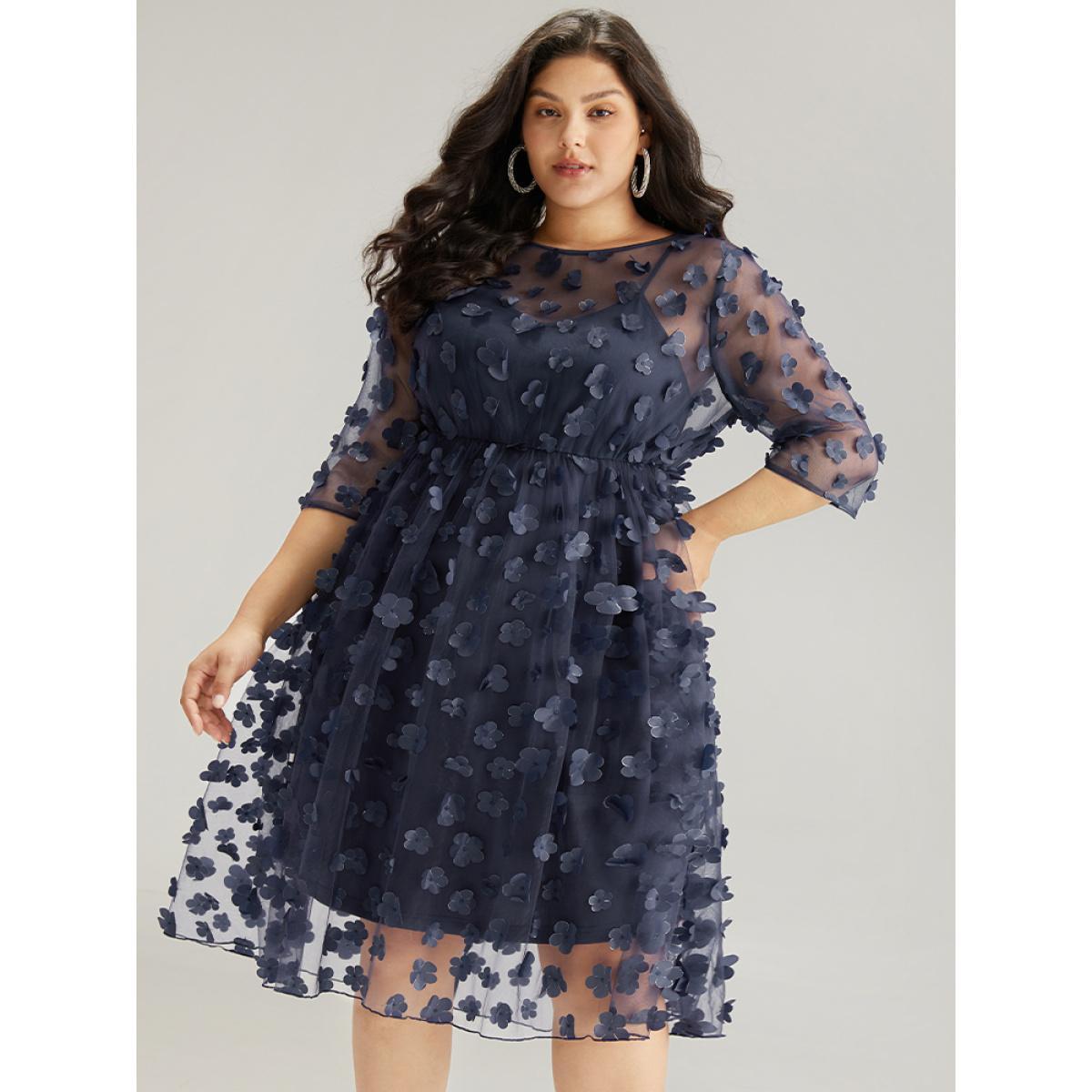 Plus Size Floral Embroidered Mesh Elastic Waist Crew Neck Dress DarkBlue Women Glamour See through Round Neck Elbow-length sleeve Curvy Knee Dress BloomChic 22-24/3X Product Image