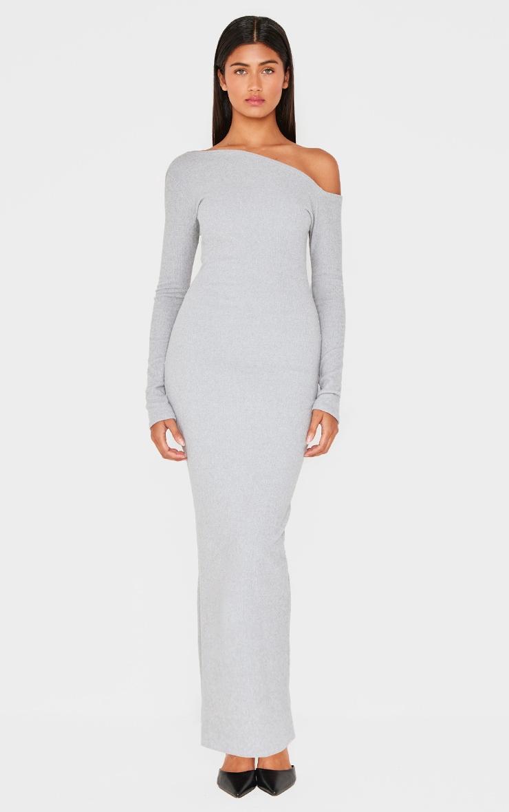 Grey Ribbed Bardot Long Sleeve Maxi Dress Product Image