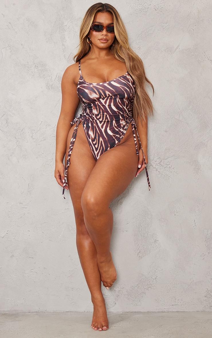 Shape Brown Zebra Print Ruched Side High Rise Swimsuit Product Image