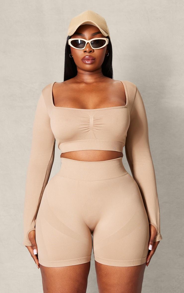 PLT SPORT Plus Light Mocha Seamless Contrast Branding Square Neck Top Product Image