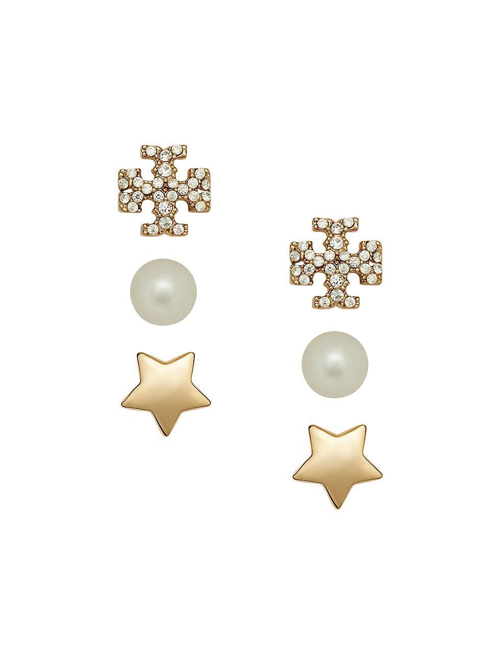 Womens Kira 3-Piece 18K-Gold-Plated, Imitation Pearl & Crystal Earring Set Product Image