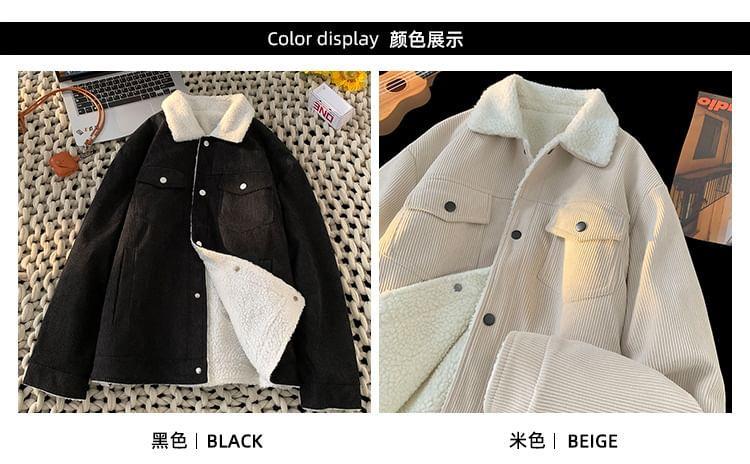 Collar Fleece-Lined Corduroy Button Utility Jacket Product Image