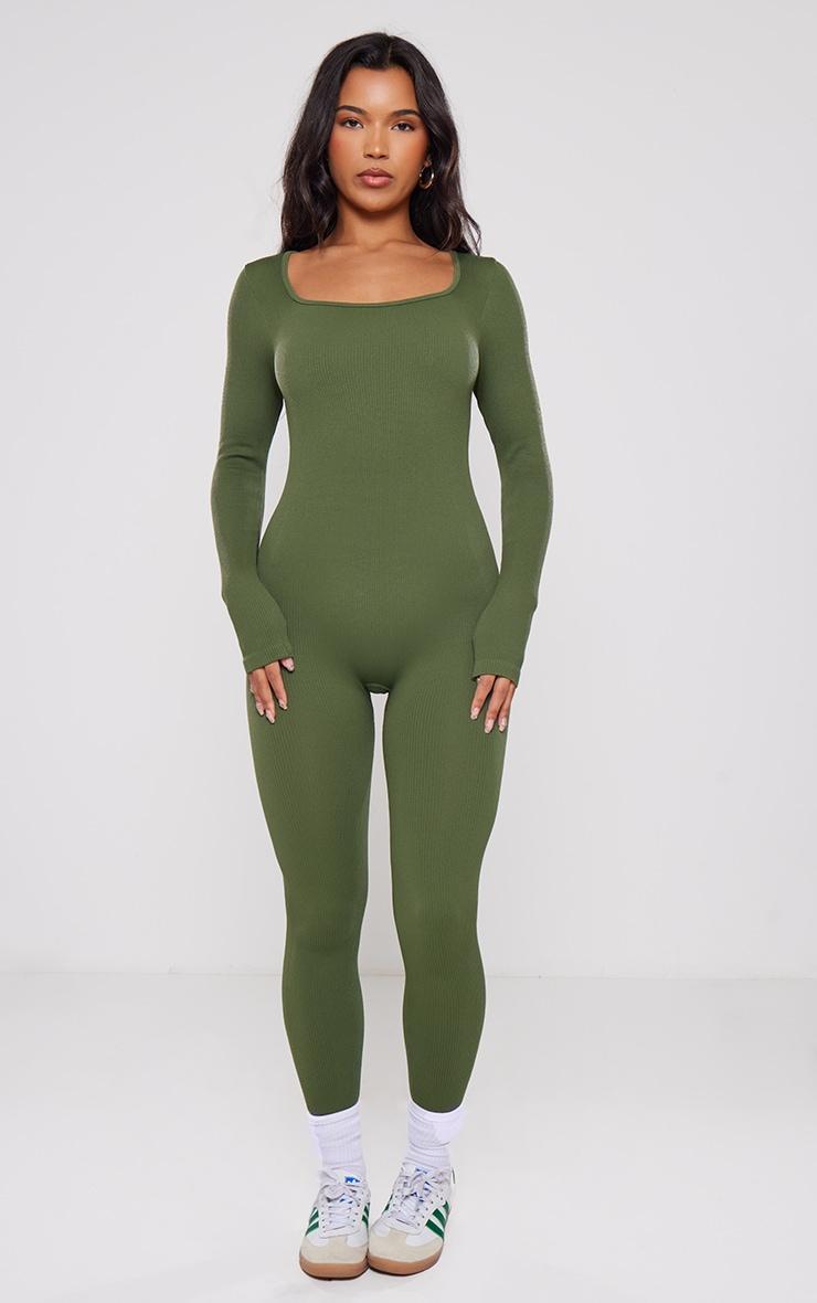 Khaki Snatched Rib Square Neck Long Sleeve Jumpsuit Product Image