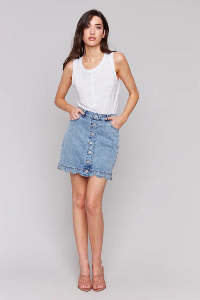 Scalloped Hem Button-Front Denim Skort Product Image
