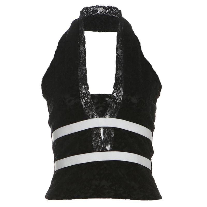 Halter V-Neck Lace Panel Color-Block Slim-Fit Crop Tank Top Product Image