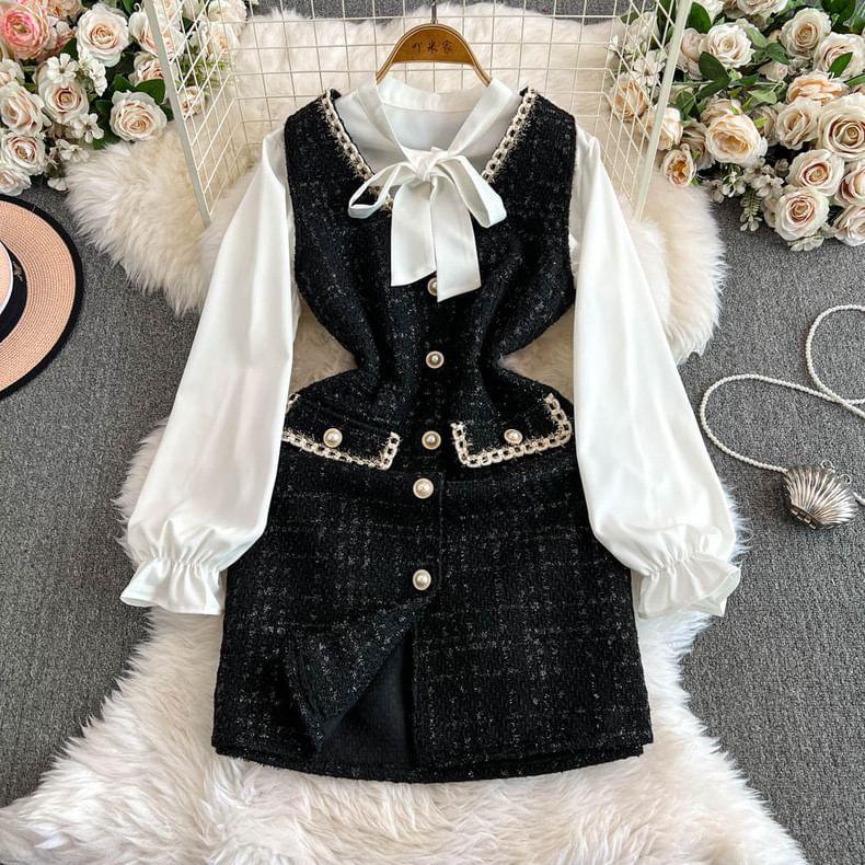 Set: Tie-Neck Plain Blouse + Plaid Front-Slit Mini Pinafore Dress Product Image