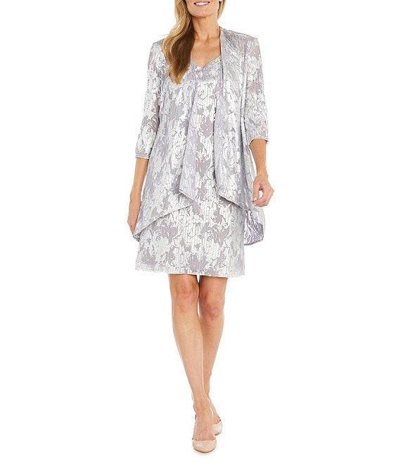 R & M Richards 3/4 Sleeve Round Neck Pleated Floral 2-Piece Jacket Dress Product Image