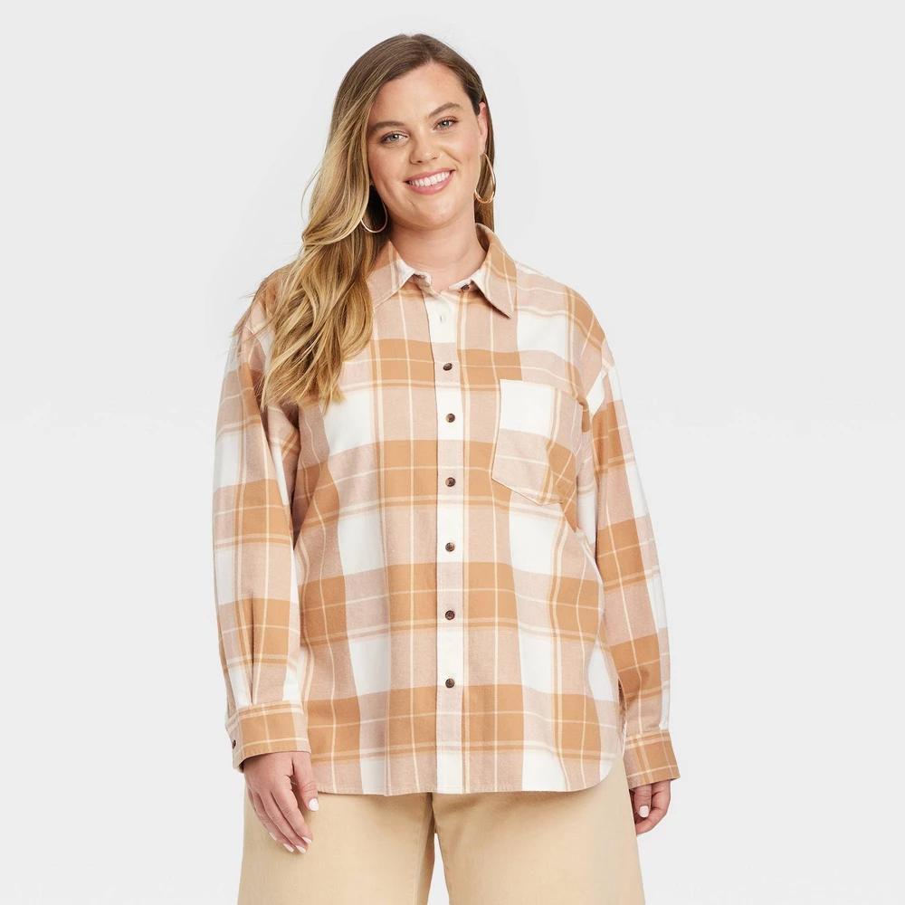 Women's Oversized Flannel Long Sleeve Collared Button-Down Shirt - Universal Thread™ Brown Plaid XXL Product Image