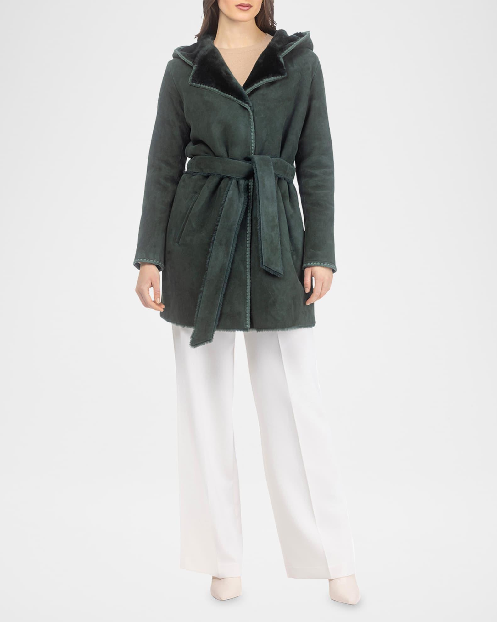 Merino Shearling Lamb Belted Parka With Embroidered Trim Product Image