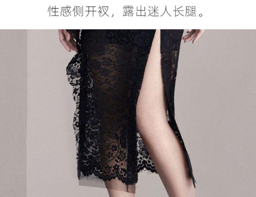 Long-Sleeve V-Neck Belted Slit Lace Midi Bodycon Dress Product Image