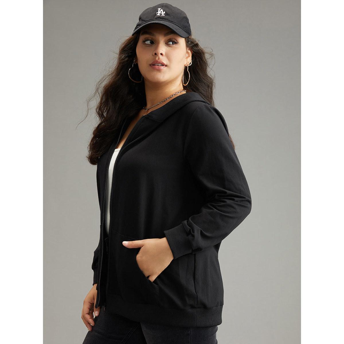 Plus Size Cotton Solid Pocket Hooded Sweatshirt Women Black Casual Elastic cuffs Hooded Dailywear Sweatshirts BloomChic 30/6X Product Image