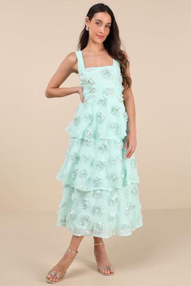 Exceptional Entrance Mint Sleeveless Tiered Rosette Midi Dress Product Image
