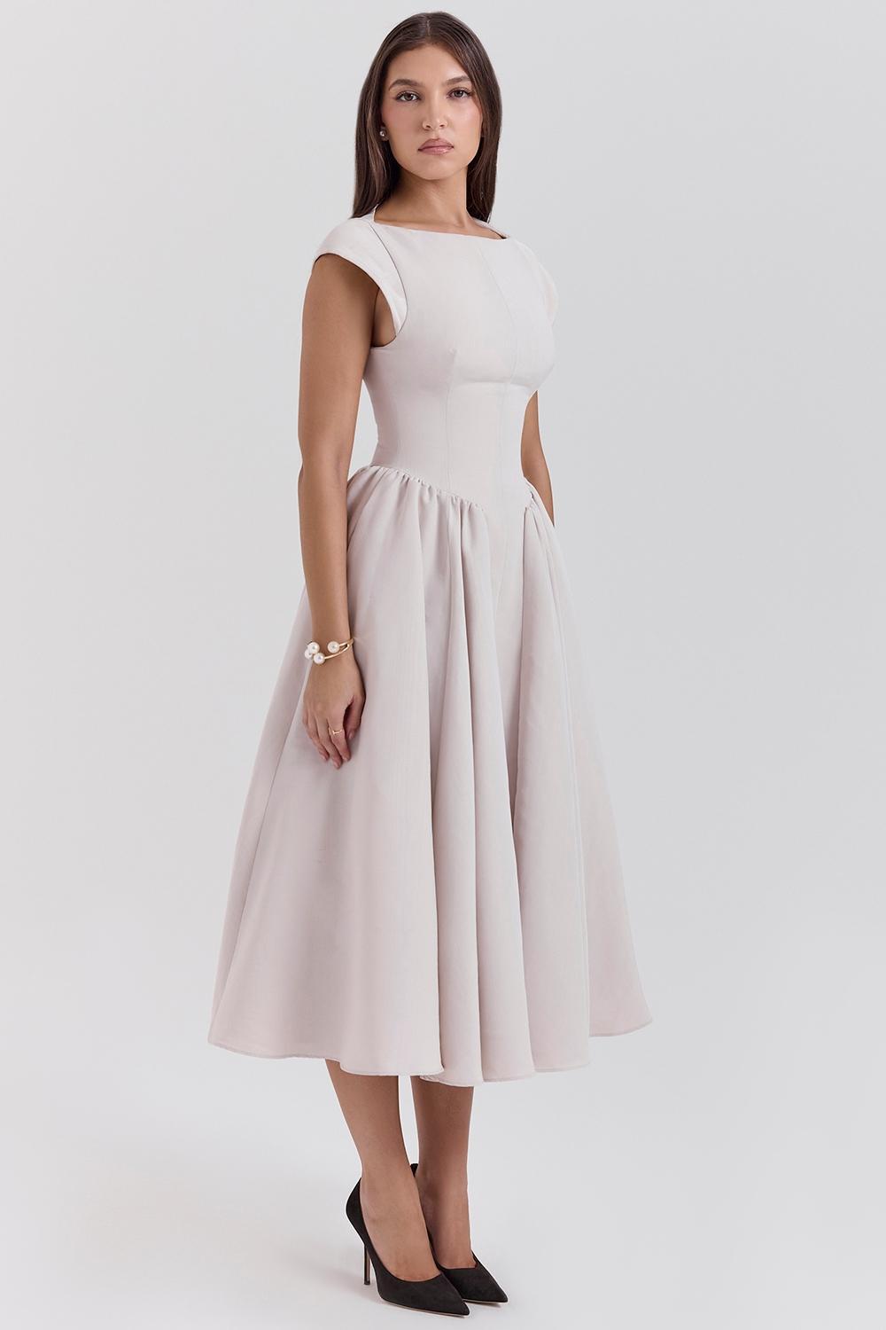 Debutante French Dove Moire Satin Backless Midi Dress Product Image