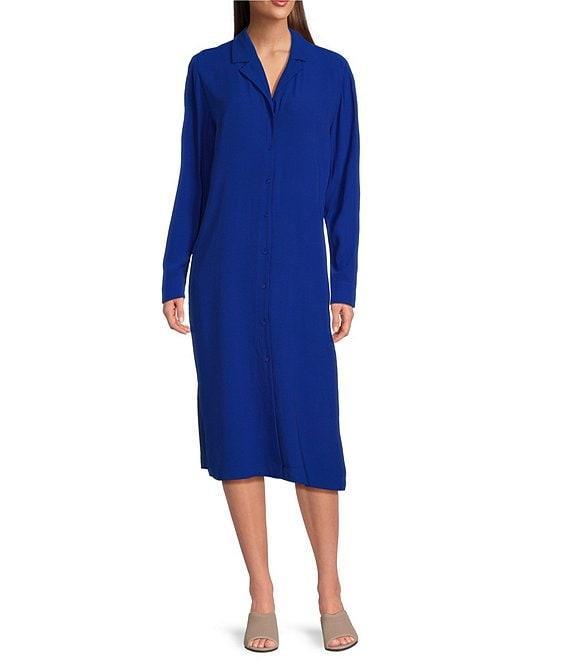 Eileen Fisher Silk Georgette Crepe Notch Collar Long Sleeve Button Front Midi Dress Product Image
